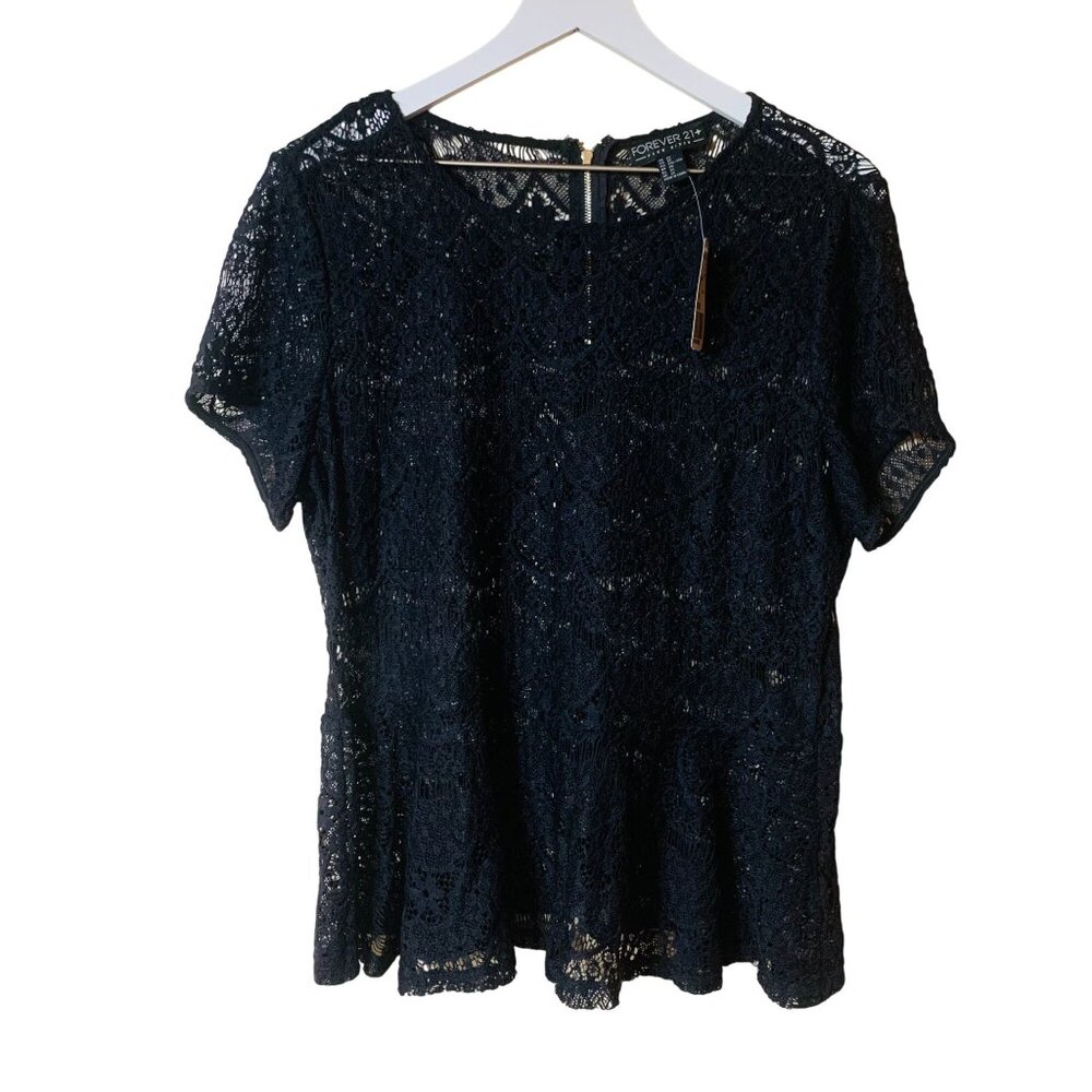 Juniors Plus Size Forever 21+ Black Lace Peplum Top Size 2X NWT